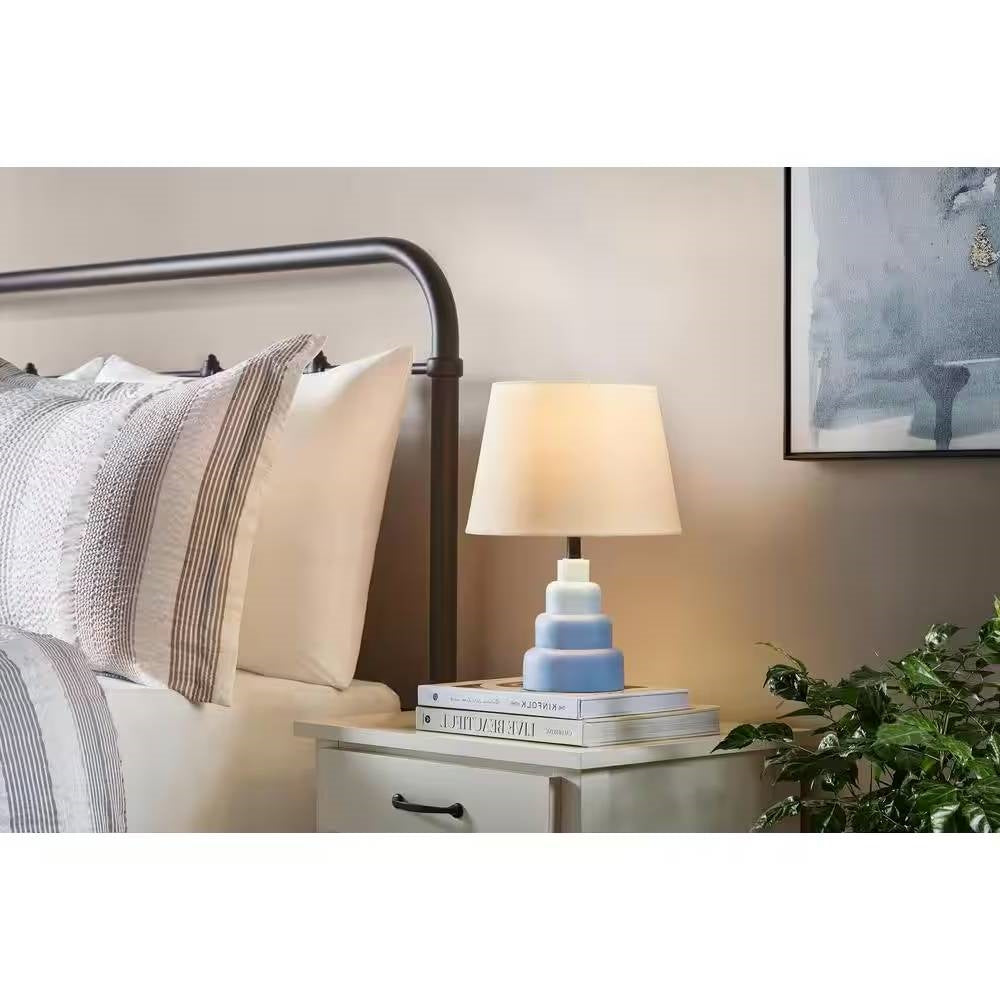 Small Blue Desk Light Table Lamp with White Fabric Shade