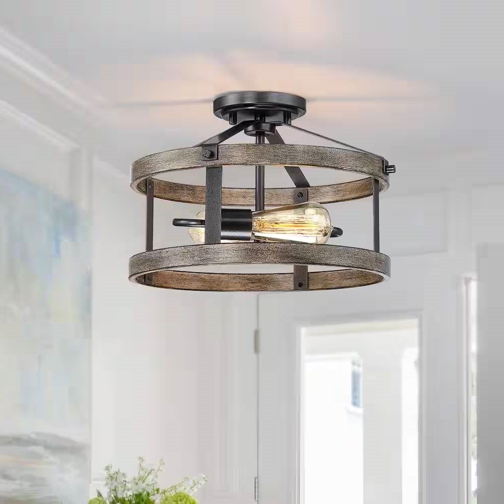 Round 13-inch Metal Wood Farmhouse 2-Light Ceiling Lamp