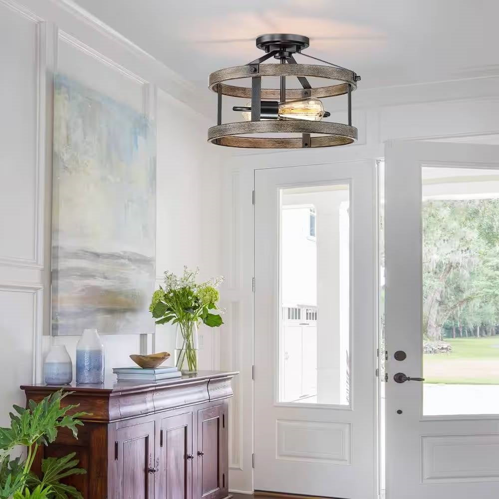 Round 13-inch Metal Wood Farmhouse 2-Light Ceiling Lamp