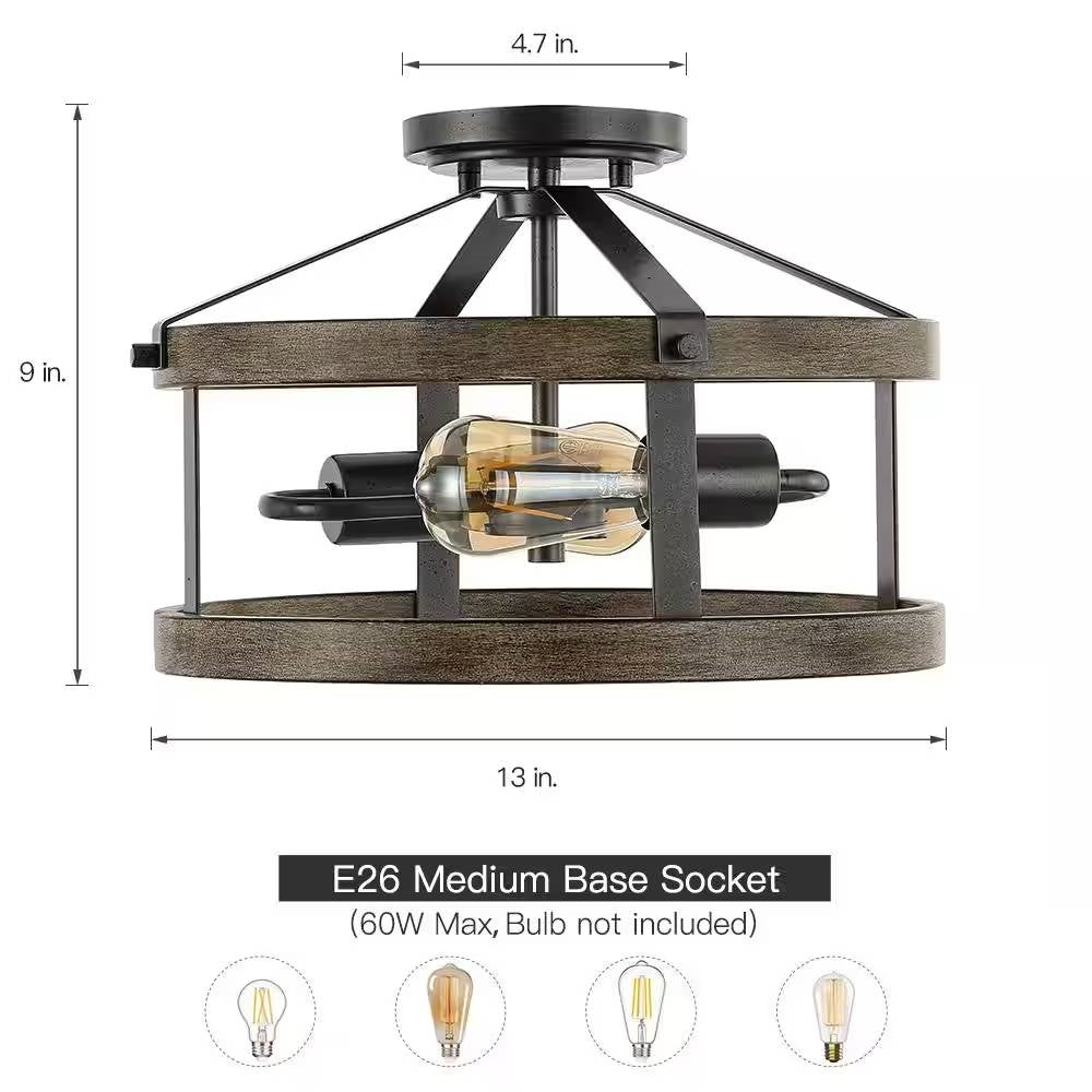Round 13-inch Metal Wood Farmhouse 2-Light Ceiling Lamp