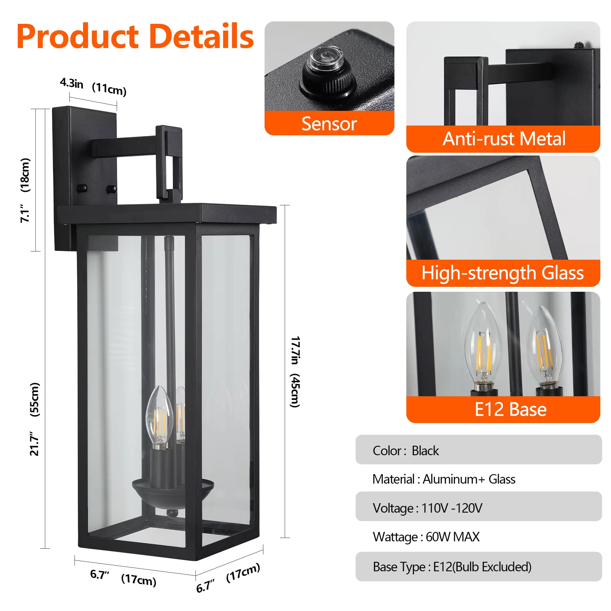 22"(H) Outdoor Wall Lantern with Daylight Sensor